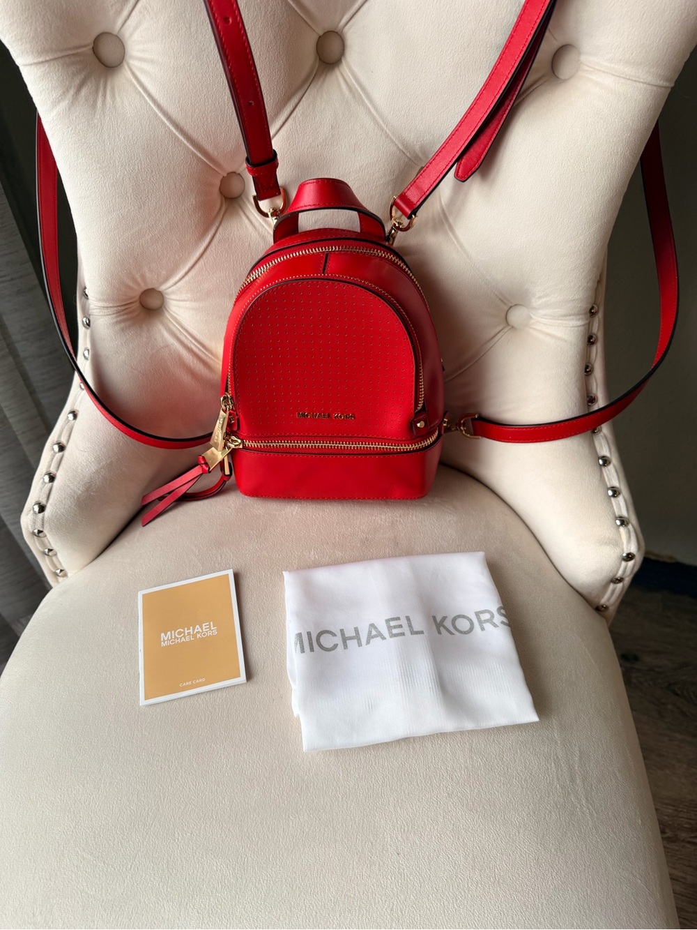 🎀 Michael Kors Red Perforated Mini Backpack with Gold Hardware